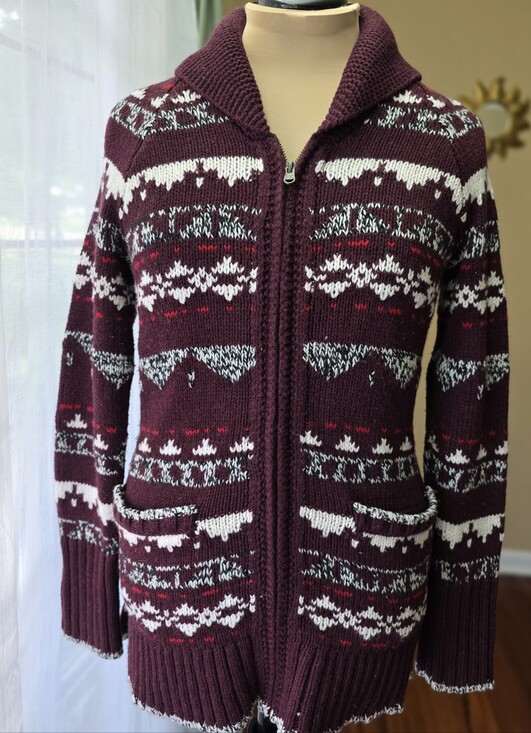 Eddie Bauer Sweaters - Eddie Bauer Wool Blend Fair Isle Cardigan L Burgundy Nordic Scandi Full Zip